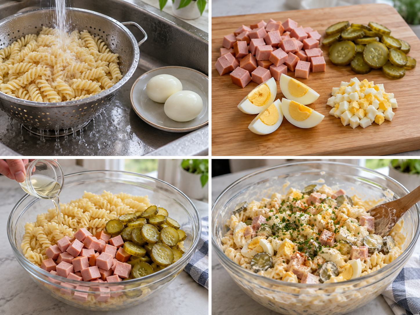 Vier Schritte für klassischen Nudelsalat mit Mayo