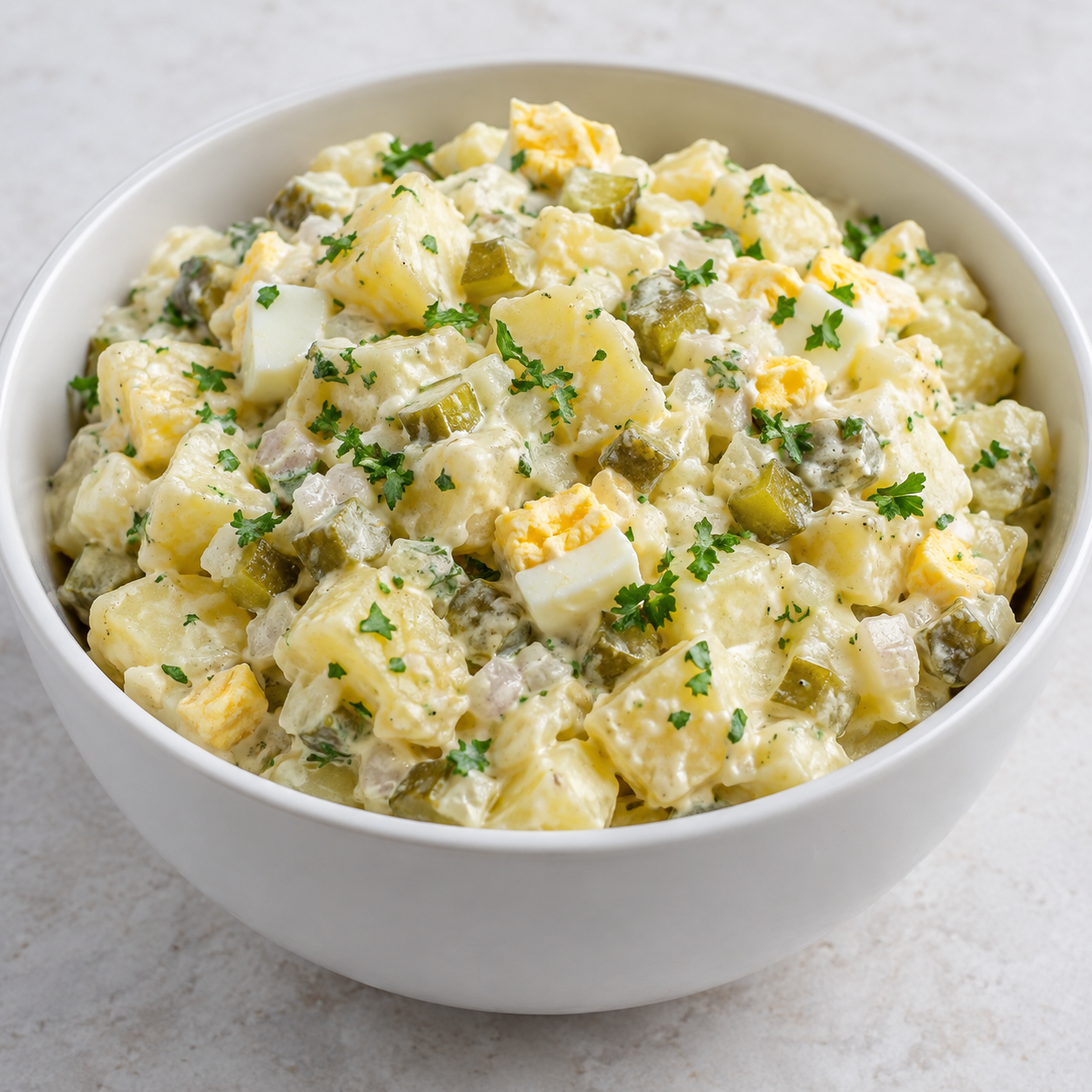 Klassischer Kartoffelsalat mit Ei, Cornichons und Mayonnaise