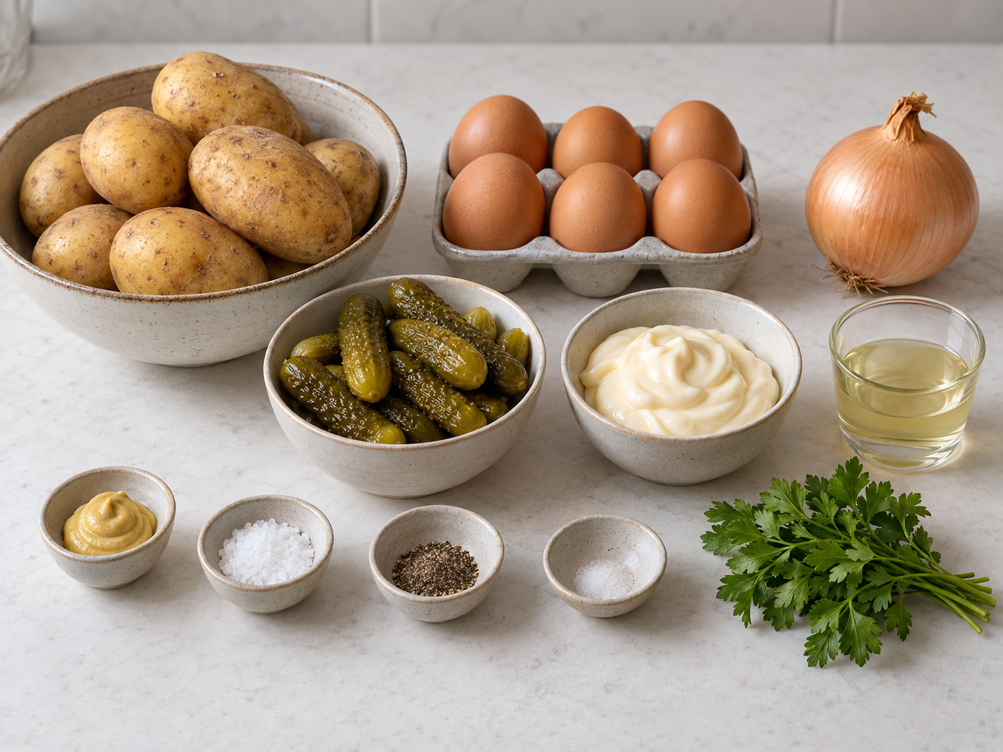 Zutaten für Kartoffelsalat mit Kartoffeln, Eiern, Cornichons und Mayo