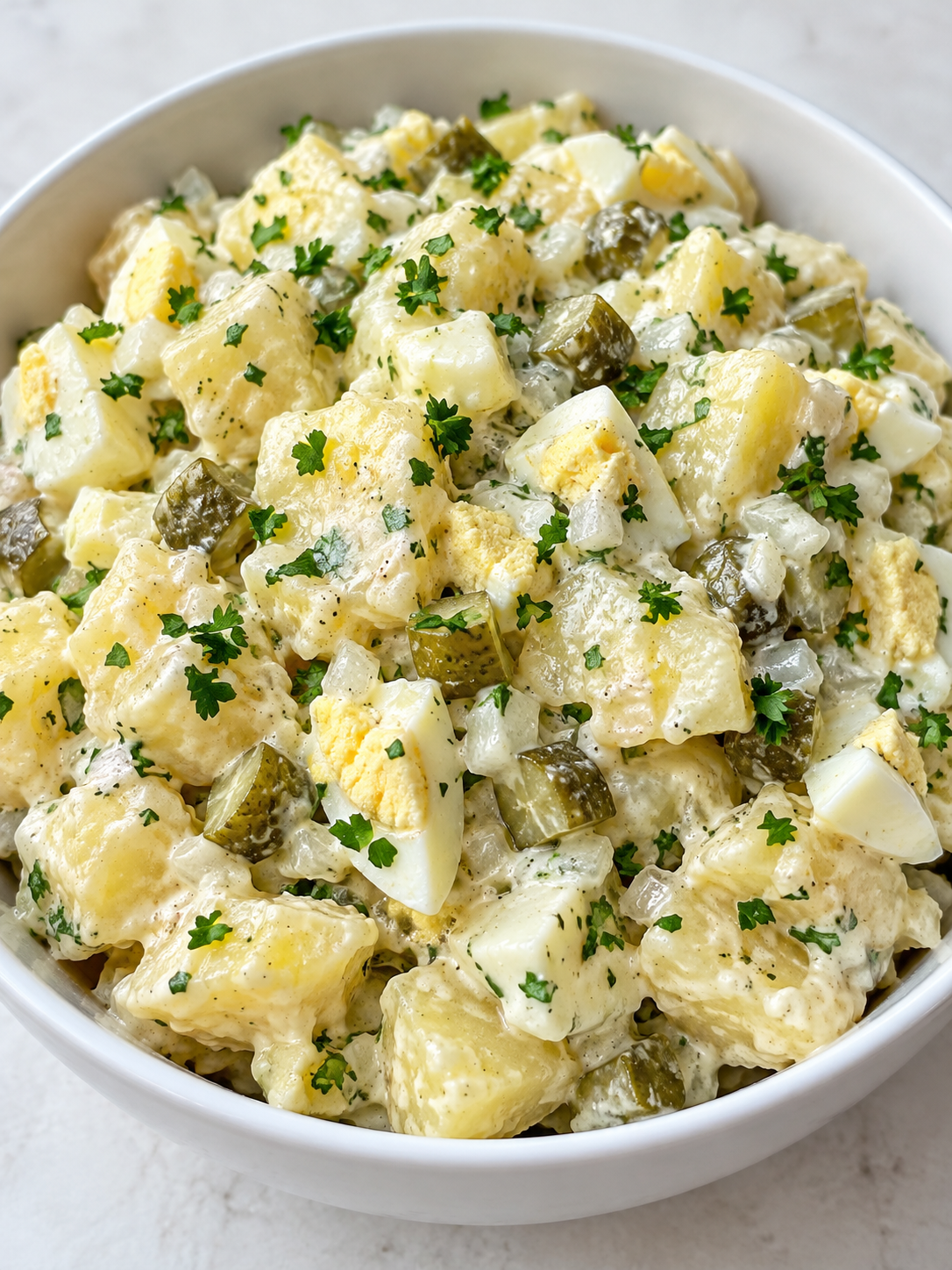Cremiger Kartoffelsalat mit Ei, Cornichons und Petersilie