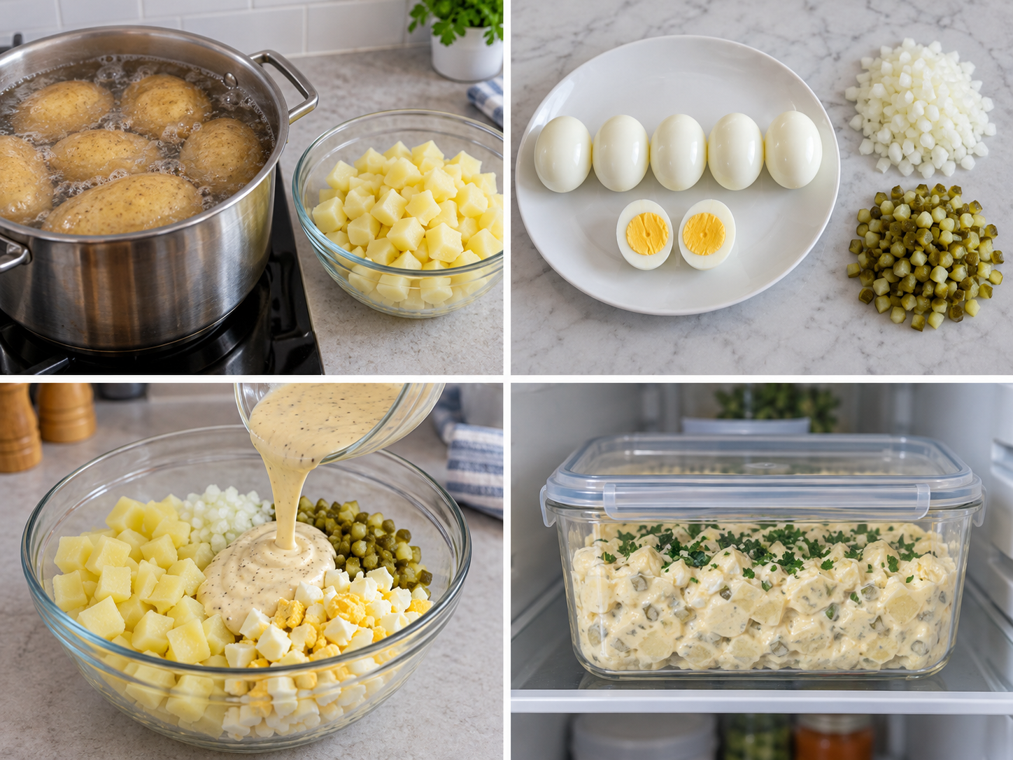 Vier Schritte für klassischen Kartoffelsalat mit Ei und Mayonnaise
