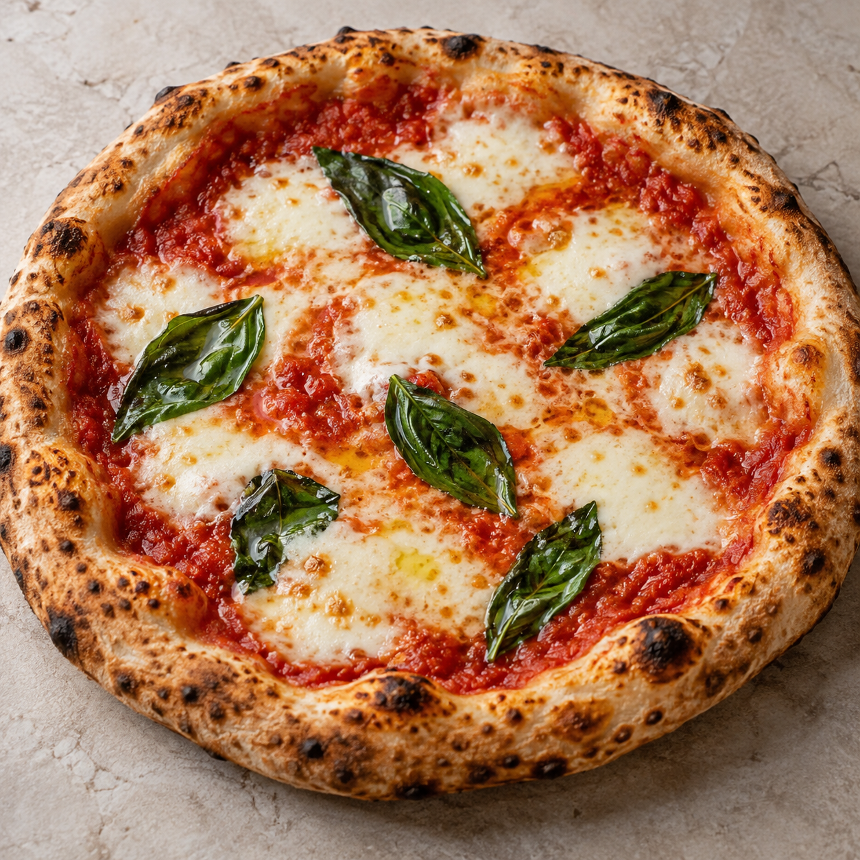 Margherita Pizza mit Mozzarella, Tomatensoße und Basilikum