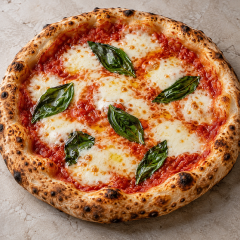Margherita Pizza mit Mozzarella, Tomatensoße und Basilikum
