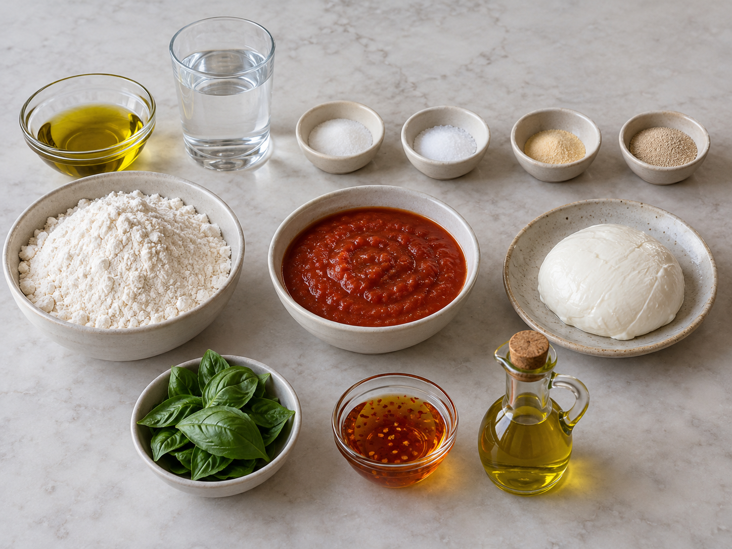 Zwölf Zutaten für Margherita Pizza mit Teigzutaten, Mozzarella und Basilikum