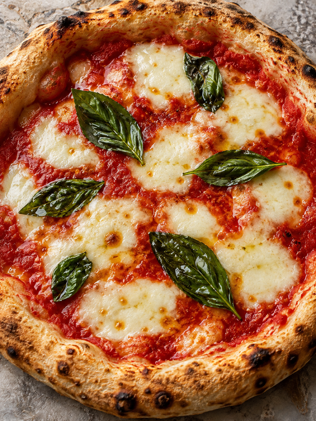 Margherita Pizza mit geschmolzenem Mozzarella und frischem Basilikum