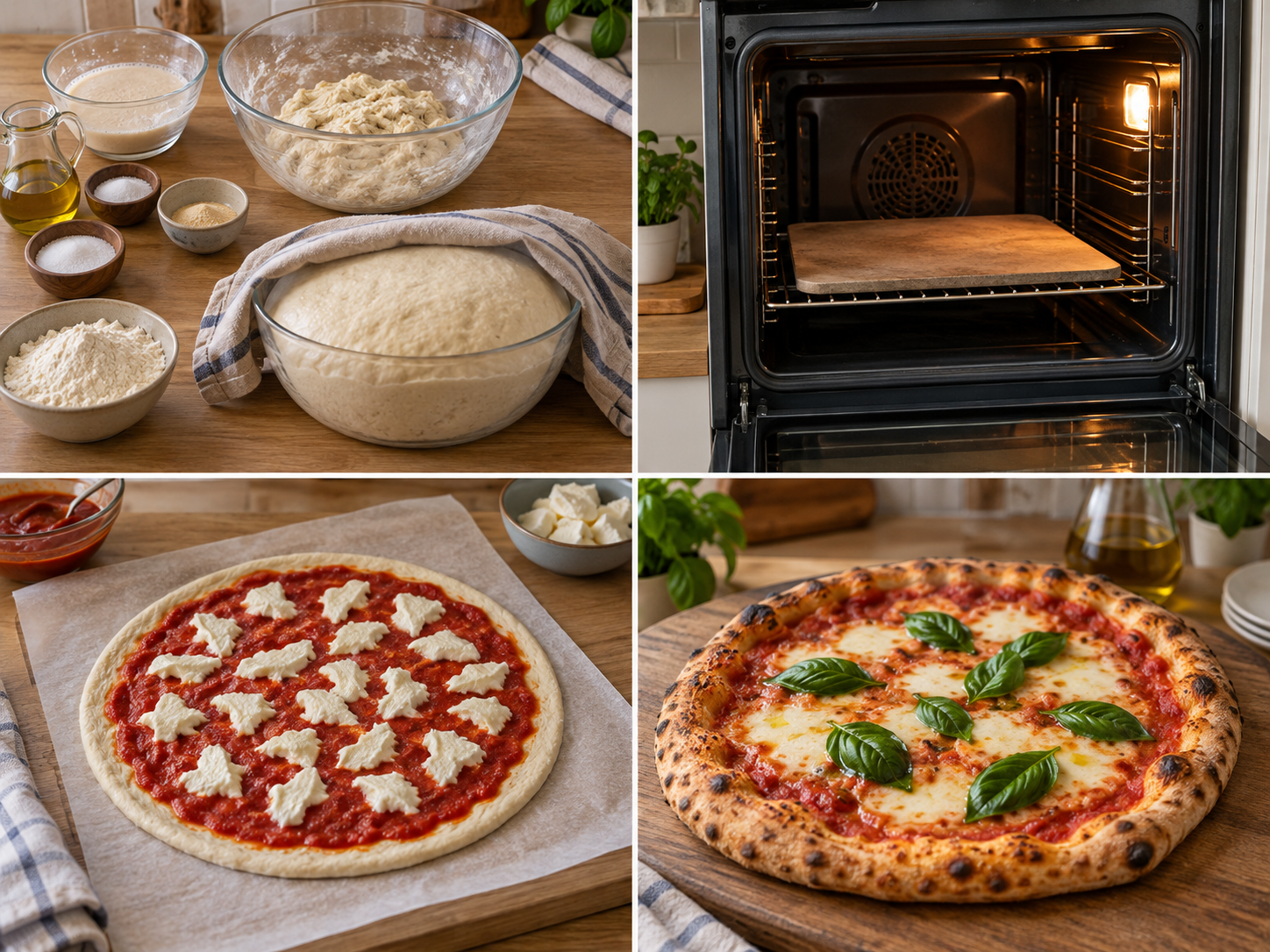 Vier Schritte für Margherita Pizza vom Teig bis zum Garnieren