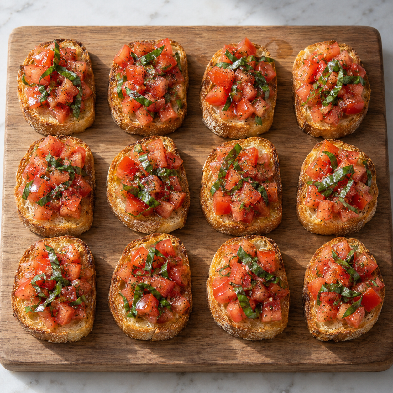 Zwölf klassische Bruschetta mit Tomaten und Basilikum auf geröstetem Brot