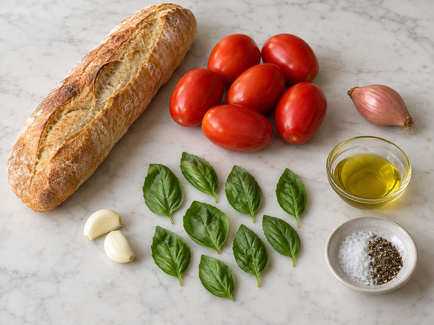 Sieben Zutaten für Bruschetta mit Brot, Tomaten, Knoblauch, Basilikum und Olivenöl