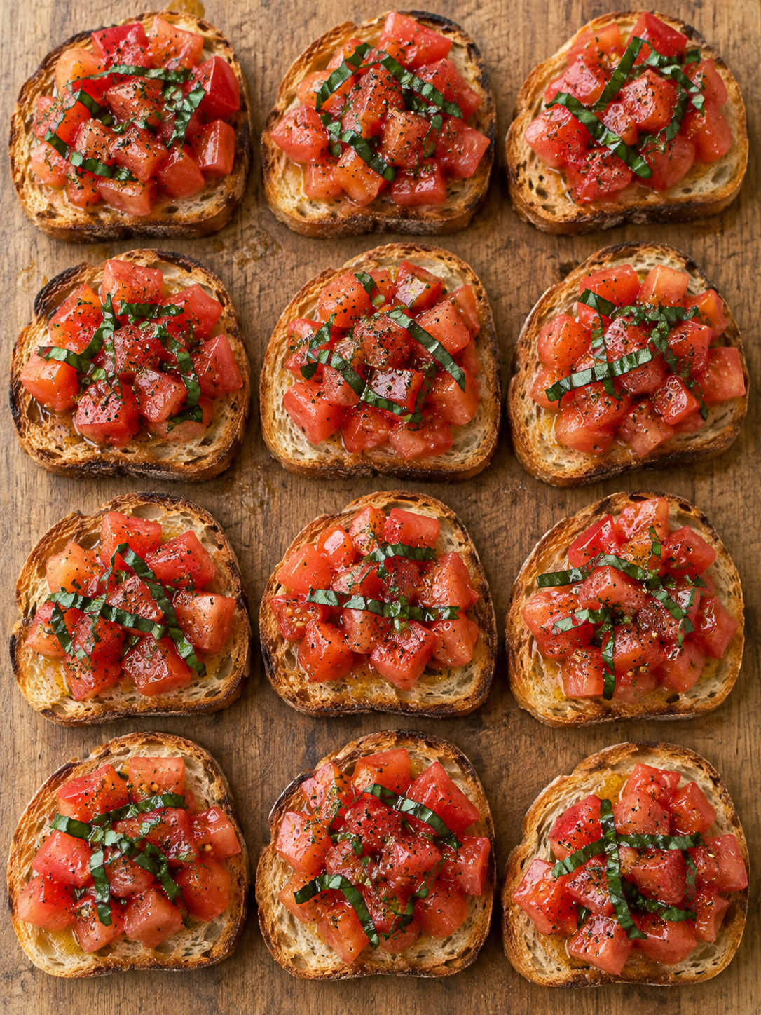 Klassische Bruschetta mit Tomaten, Basilikum und Olivenöl auf knusprigem Brot