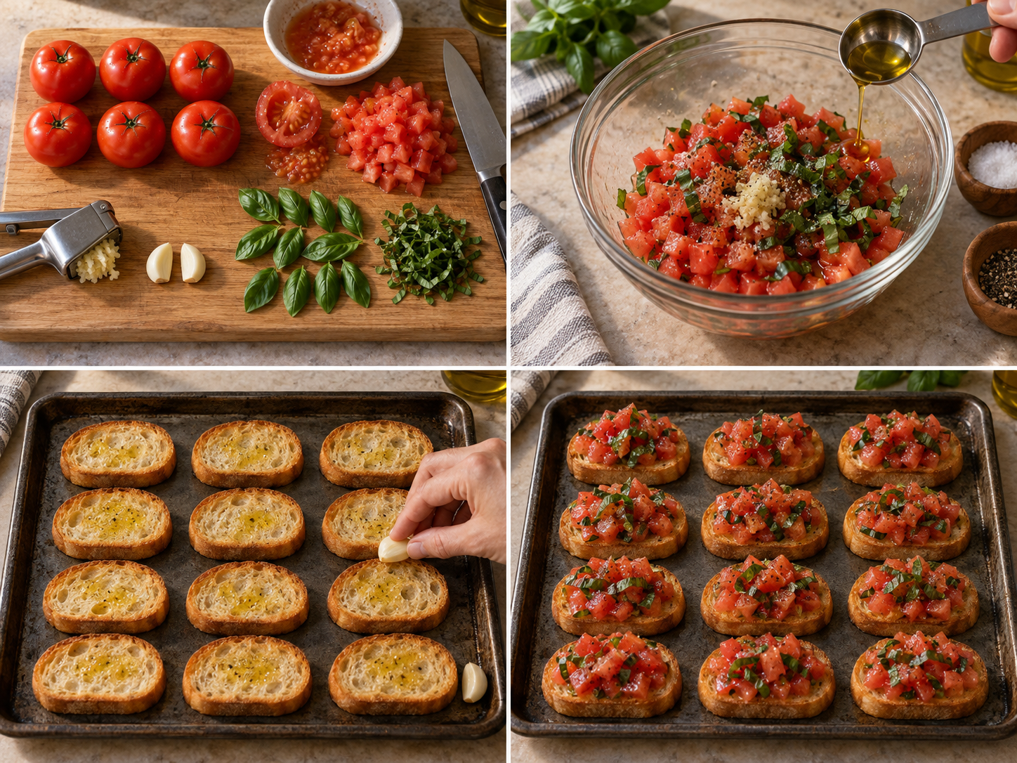Vier Schritte für Bruschetta von der Vorbereitung bis zum Servieren