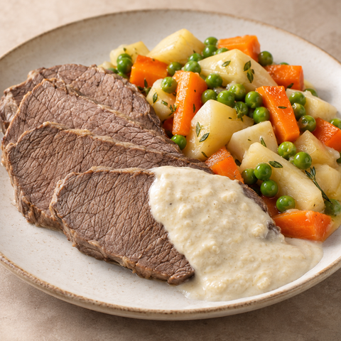 Saftiger Rindstafelspitz mit Meerrettichsauce und Buttergemüse