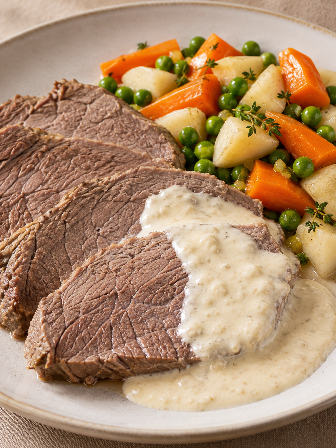 Rindstafelspitz mit cremiger Meerrettichsauce und Buttergemüse