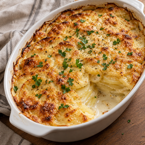 Cremiges Kartoffelgratin mit goldener Käsekruste und Petersilie