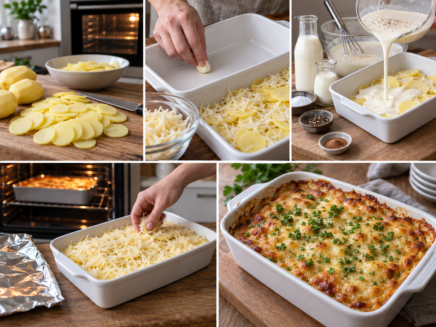 Fünf Zubereitungsschritte für Kartoffelgratin