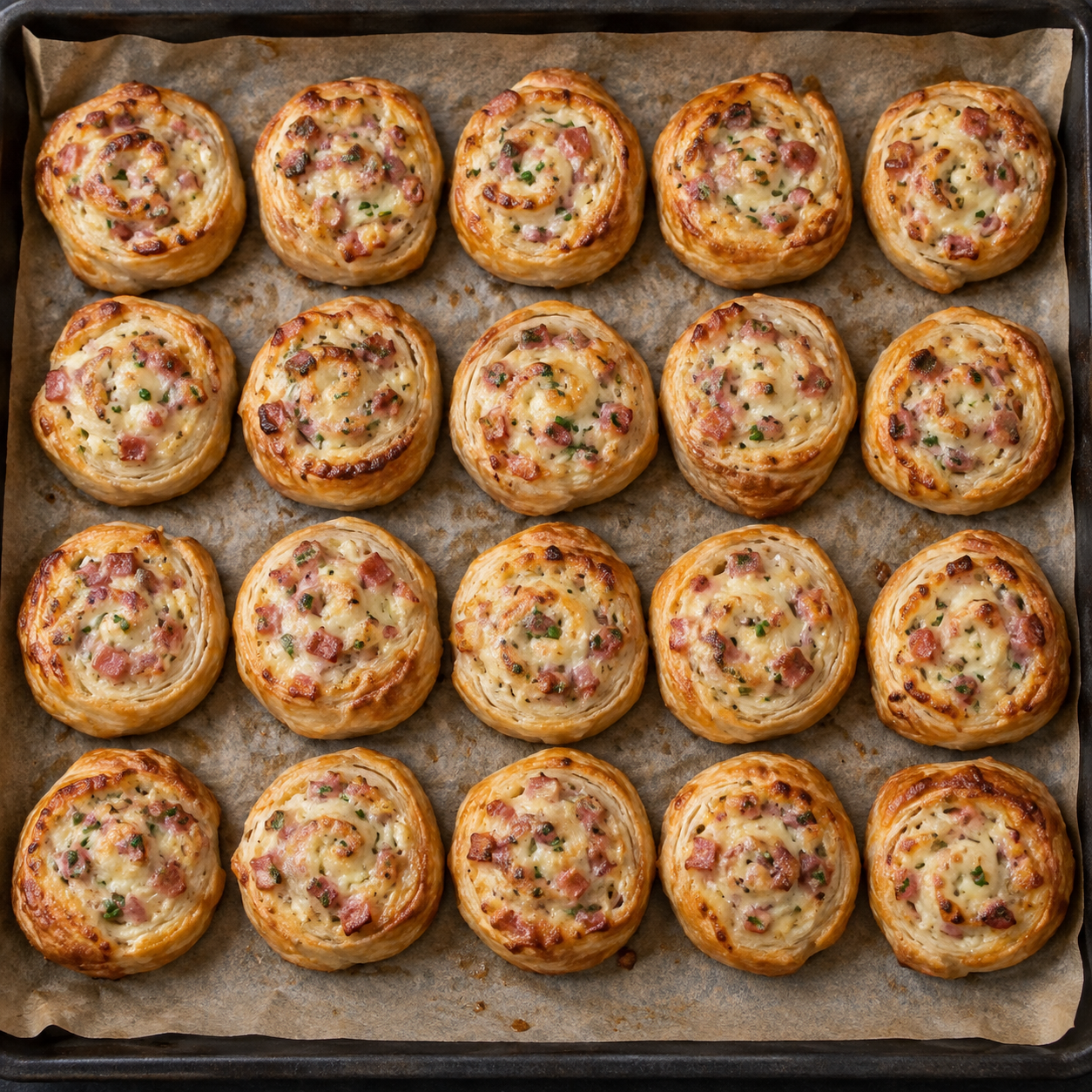 Zwanzig goldbraune Blätterteig-Schnecken mit Schinken, Käse und Schnittlauch
