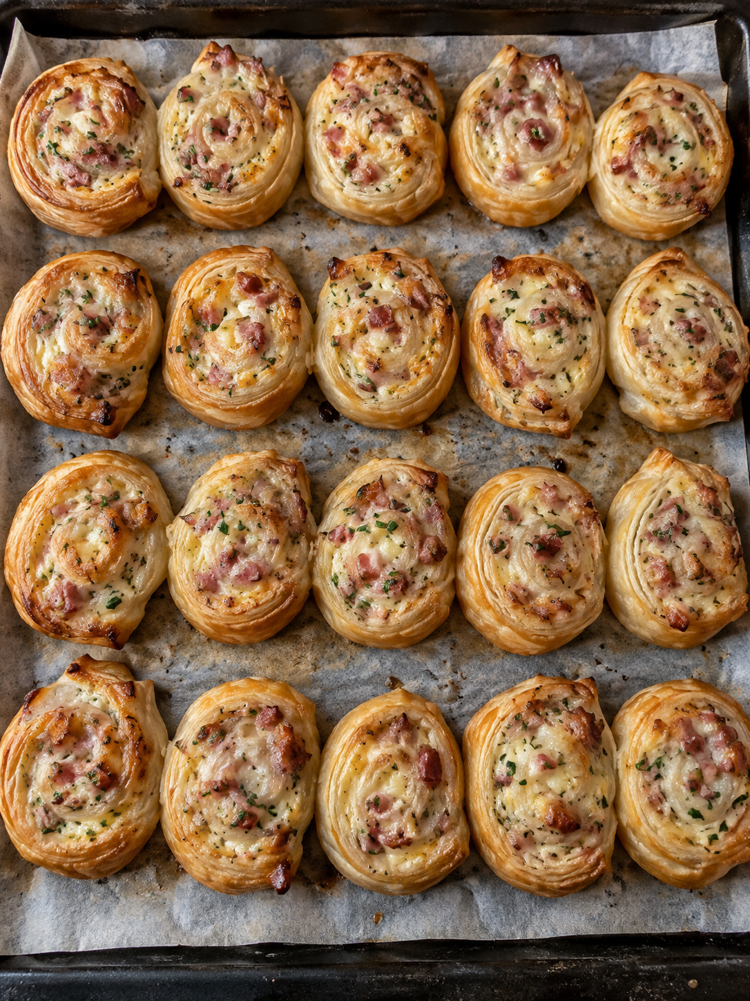 Zwanzig herzhafte Blätterteig-Schnecken im Hochformat