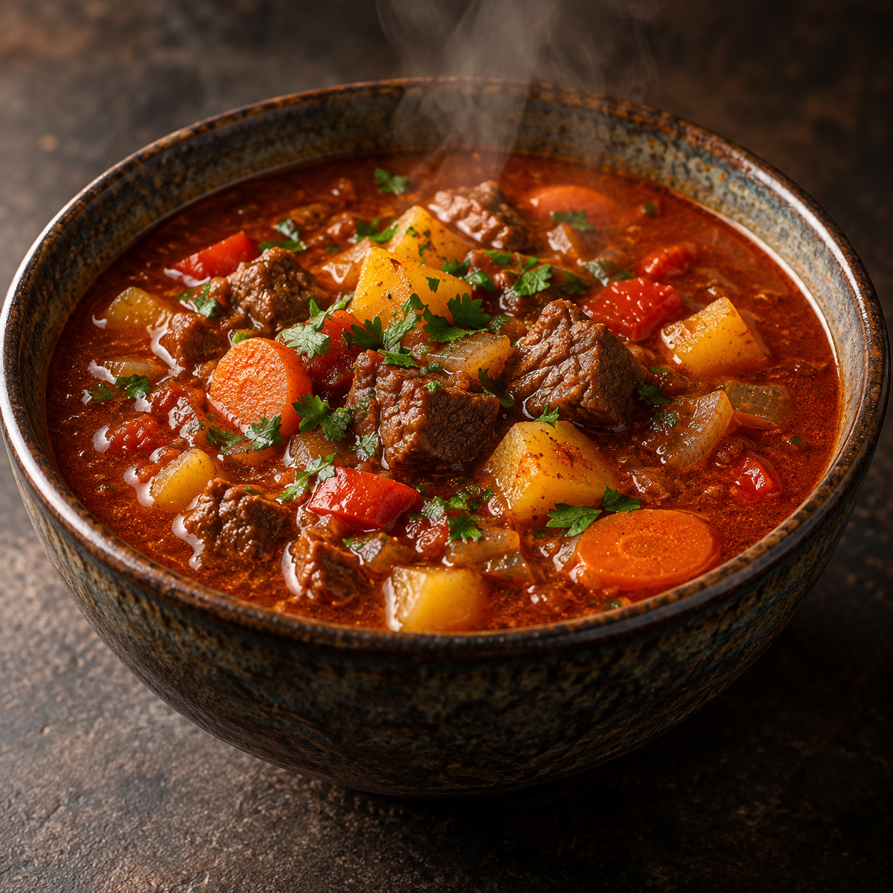 Dampfende Gulaschsuppe mit Rindfleisch, Kartoffeln, Karotten und Paprika