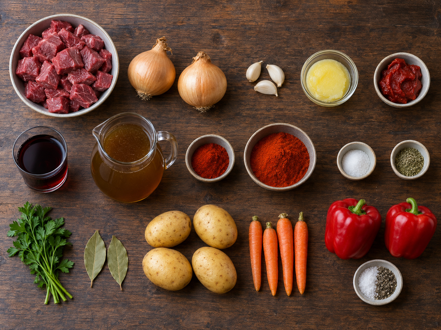 Alle Zutaten für Gulaschsuppe übersichtlich angeordnet