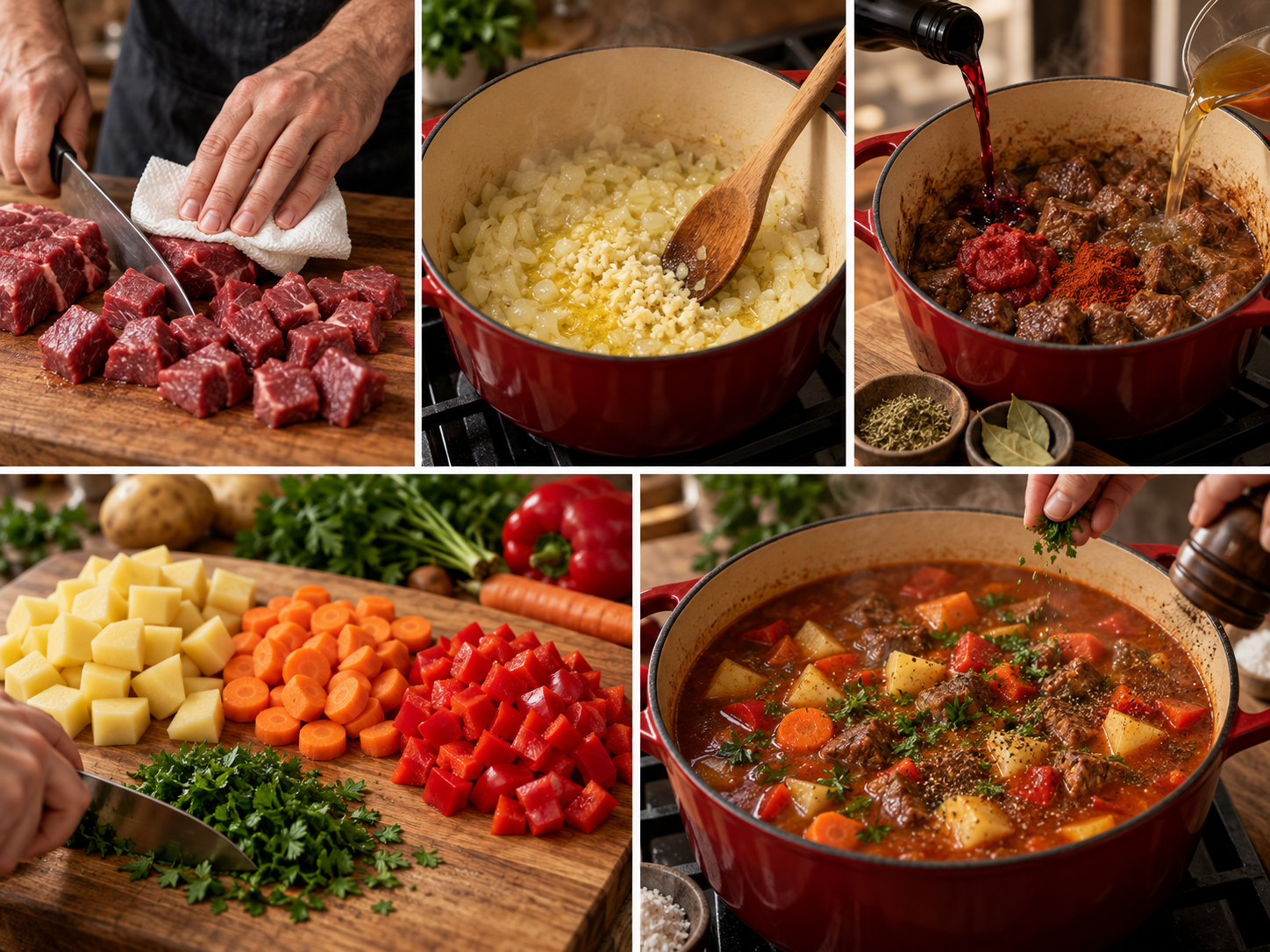 Fünf Zubereitungsschritte für eine herzhafte Gulaschsuppe
