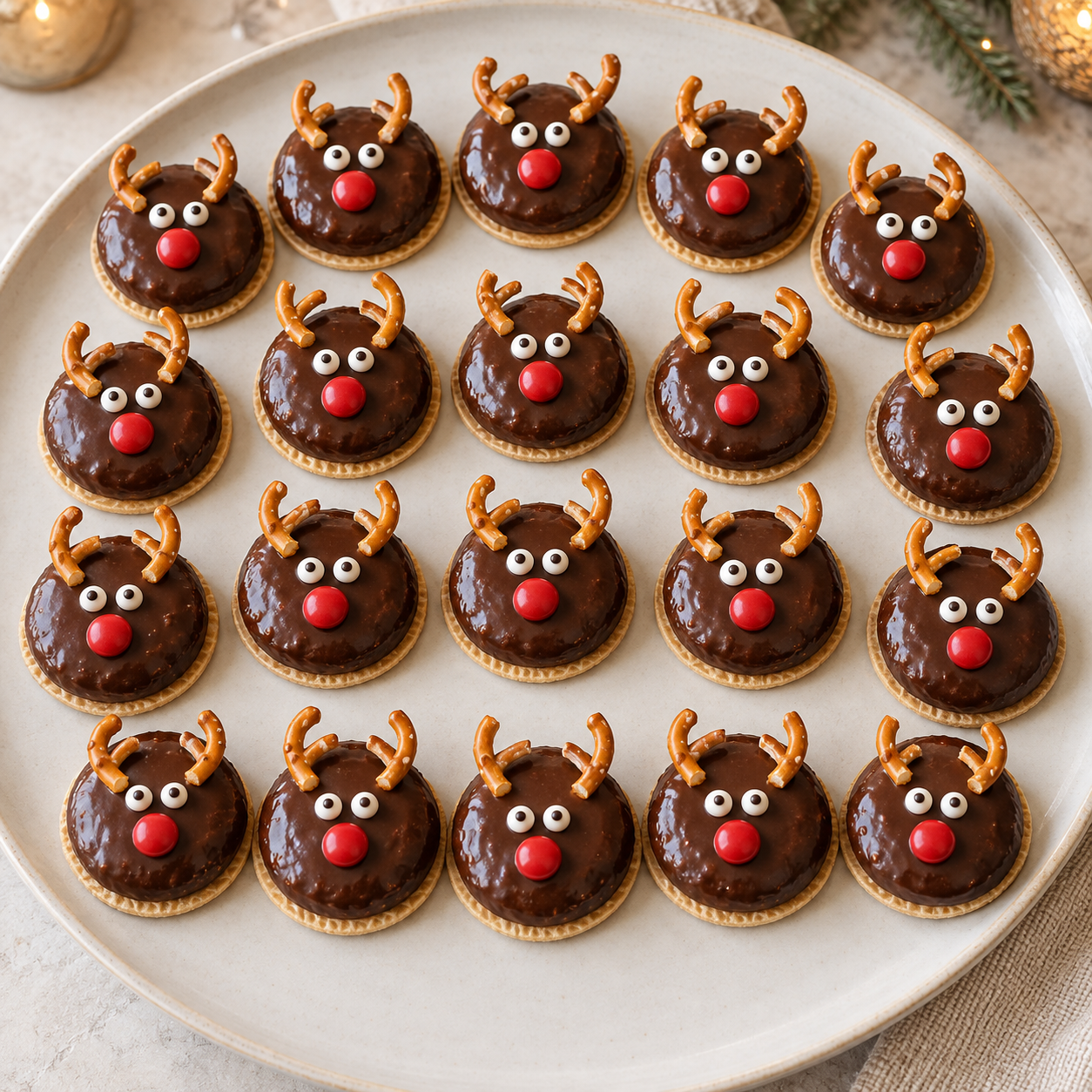 Zwanzig Rentier-Lebkuchen mit Schokoglasur, roten Nasen und Brezelgeweih