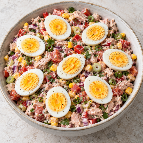 Thunfischsalat mit Paprika, Mais, Tomaten und vier Eiern