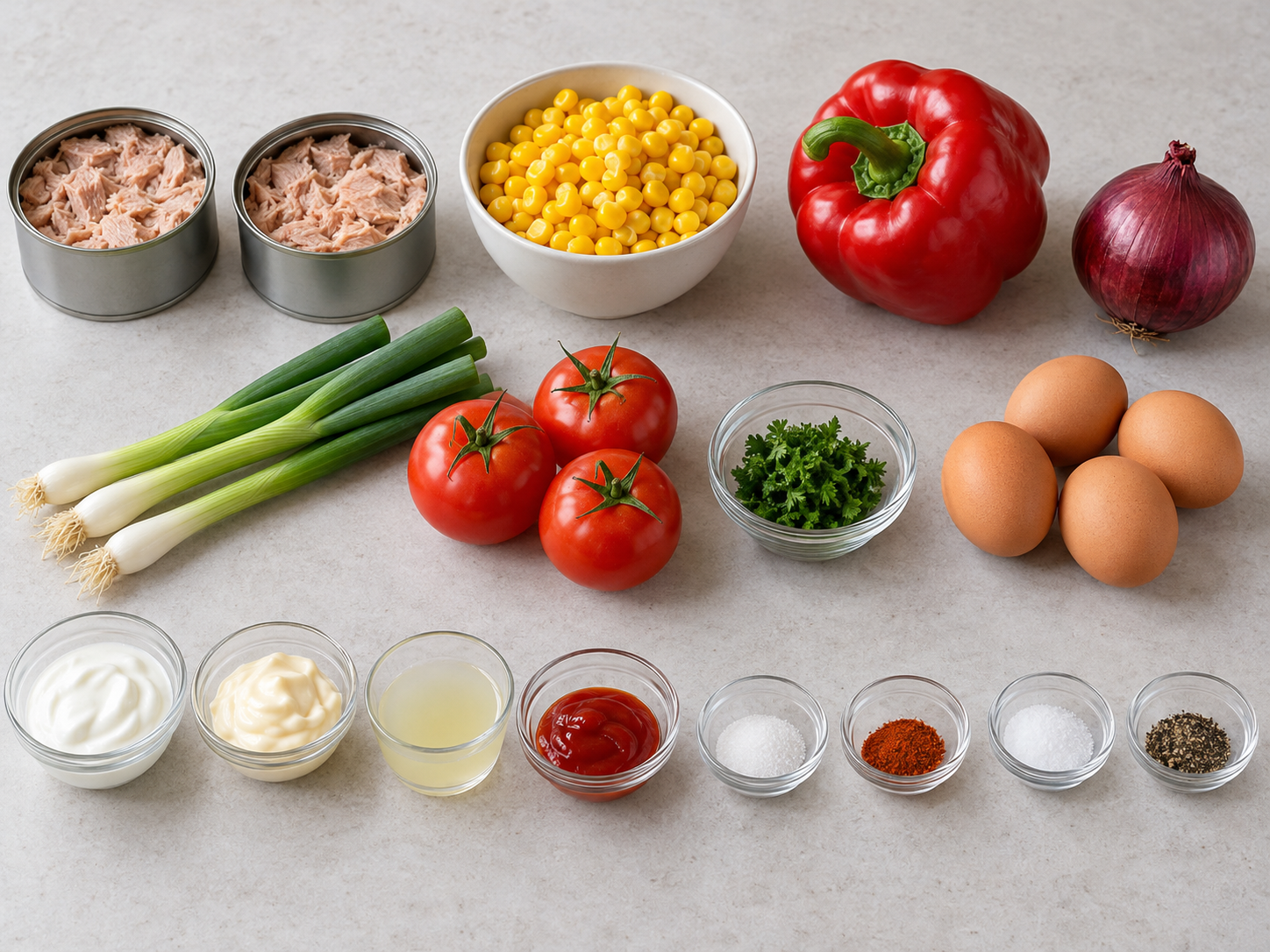Sechzehn Zutatenstationen für Thunfischsalat mit Paprika und Mais