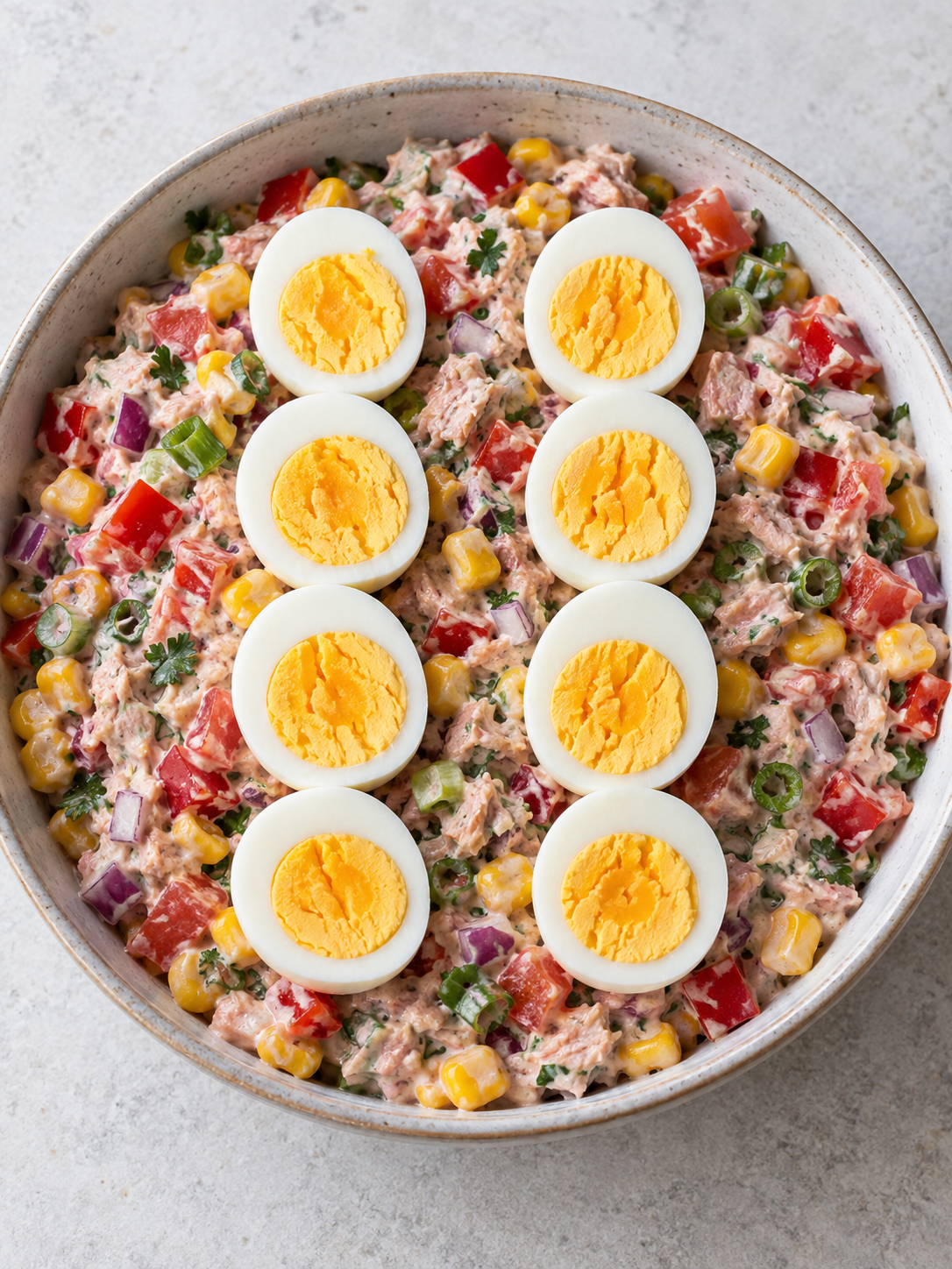 Thunfischsalat mit Mais, Paprika, Tomaten und acht Eierhälften im Hochformat