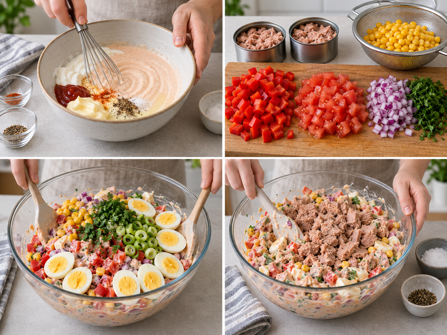 Vier Zubereitungsschritte für Thunfischsalat mit cremigem Dressing
