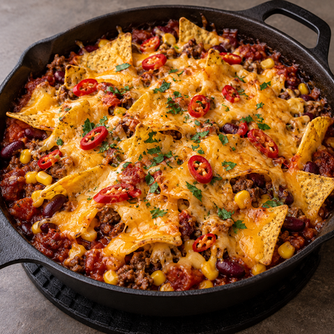 Nachopfanne mit Hackfleisch, Cheddar, Kidneybohnen, Mais und Tortilla-Chips