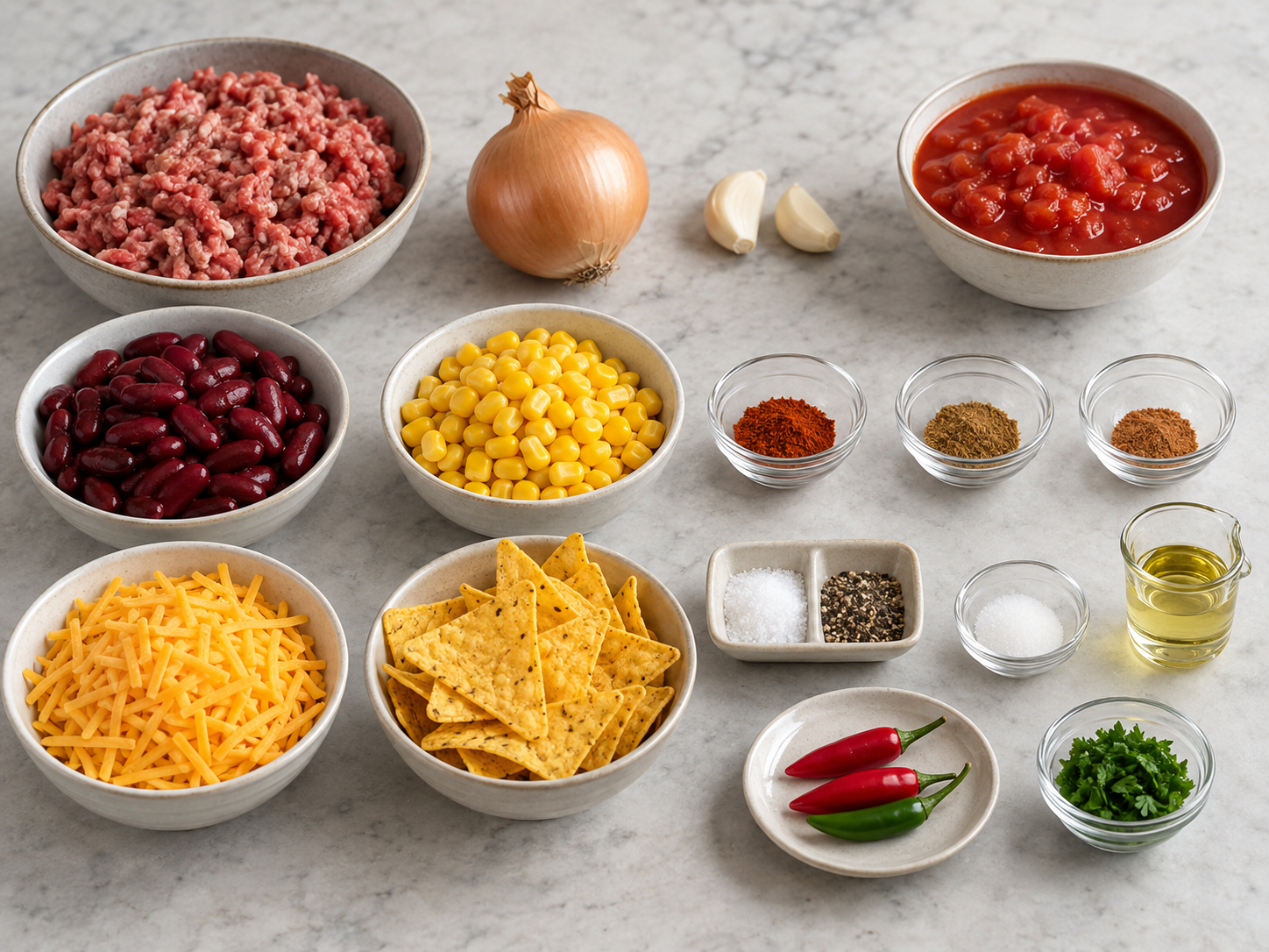 Sechzehn Zutatenstationen für Nachopfanne mit Hackfleisch und Tortilla-Chips