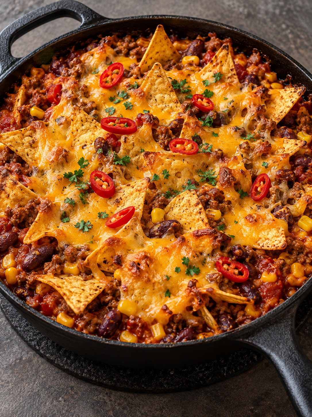 Überbackene Nachopfanne mit Hackfleisch, Cheddar, Mais und Tortilla-Chips im Hochformat