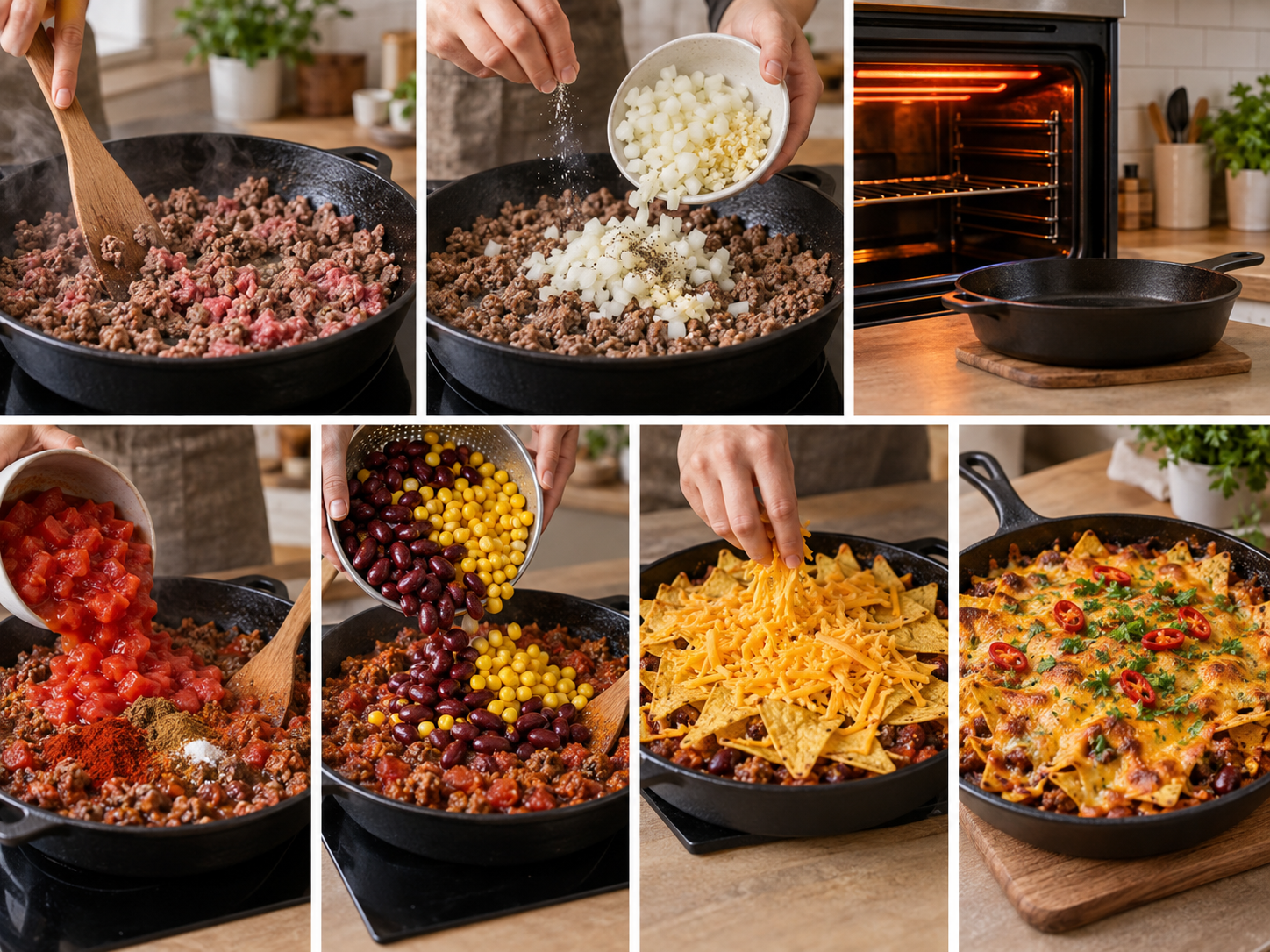 Sieben Zubereitungsschritte für Nachopfanne mit Hackfleisch und Käse