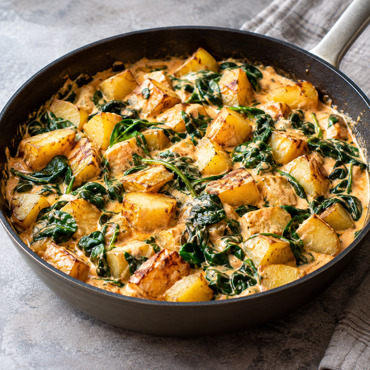 Kartoffelpfanne mit Spinat und Frischkäse in cremiger Soße