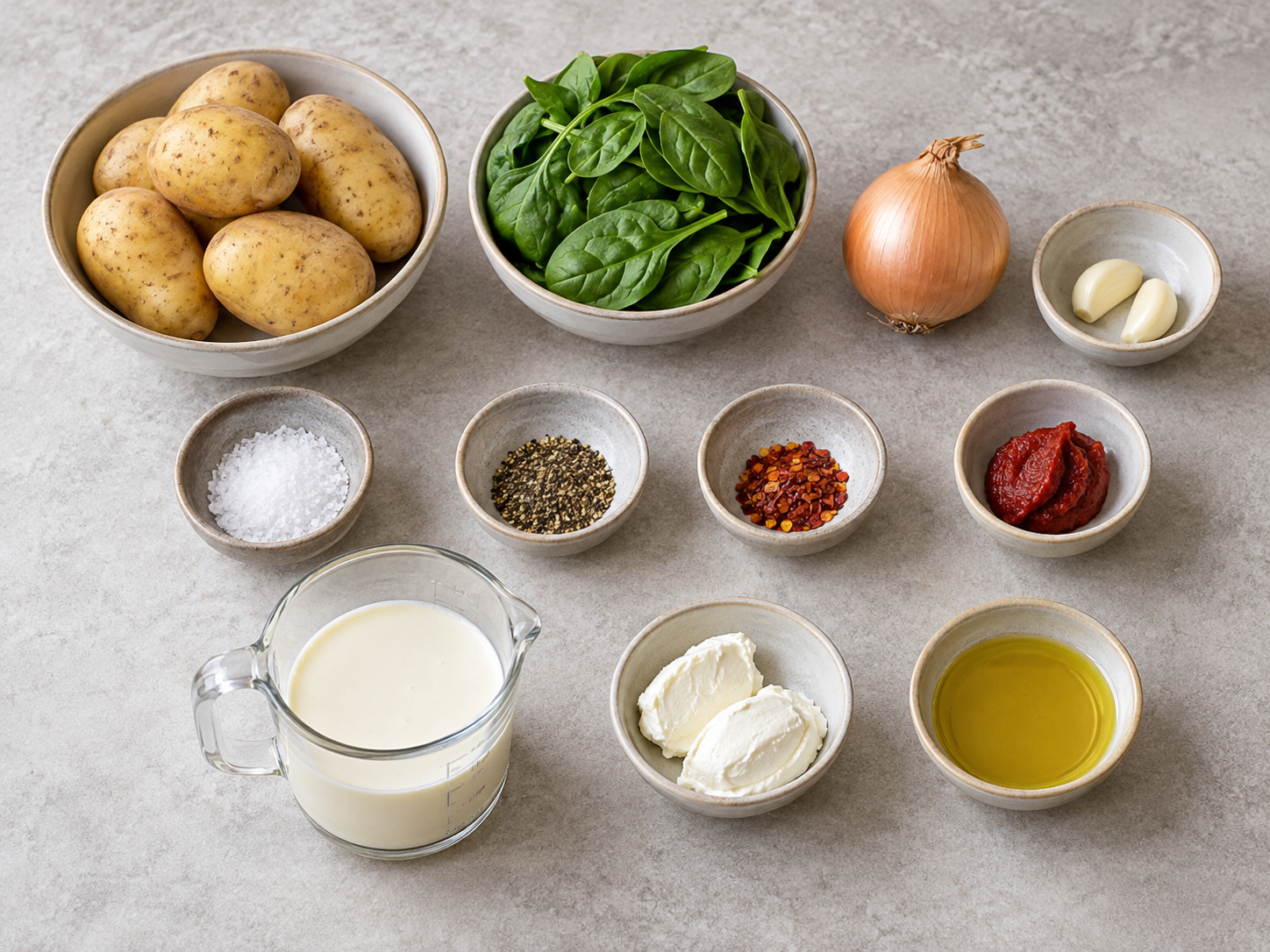 Elf Zutaten für Kartoffelpfanne mit Spinat und Frischkäse