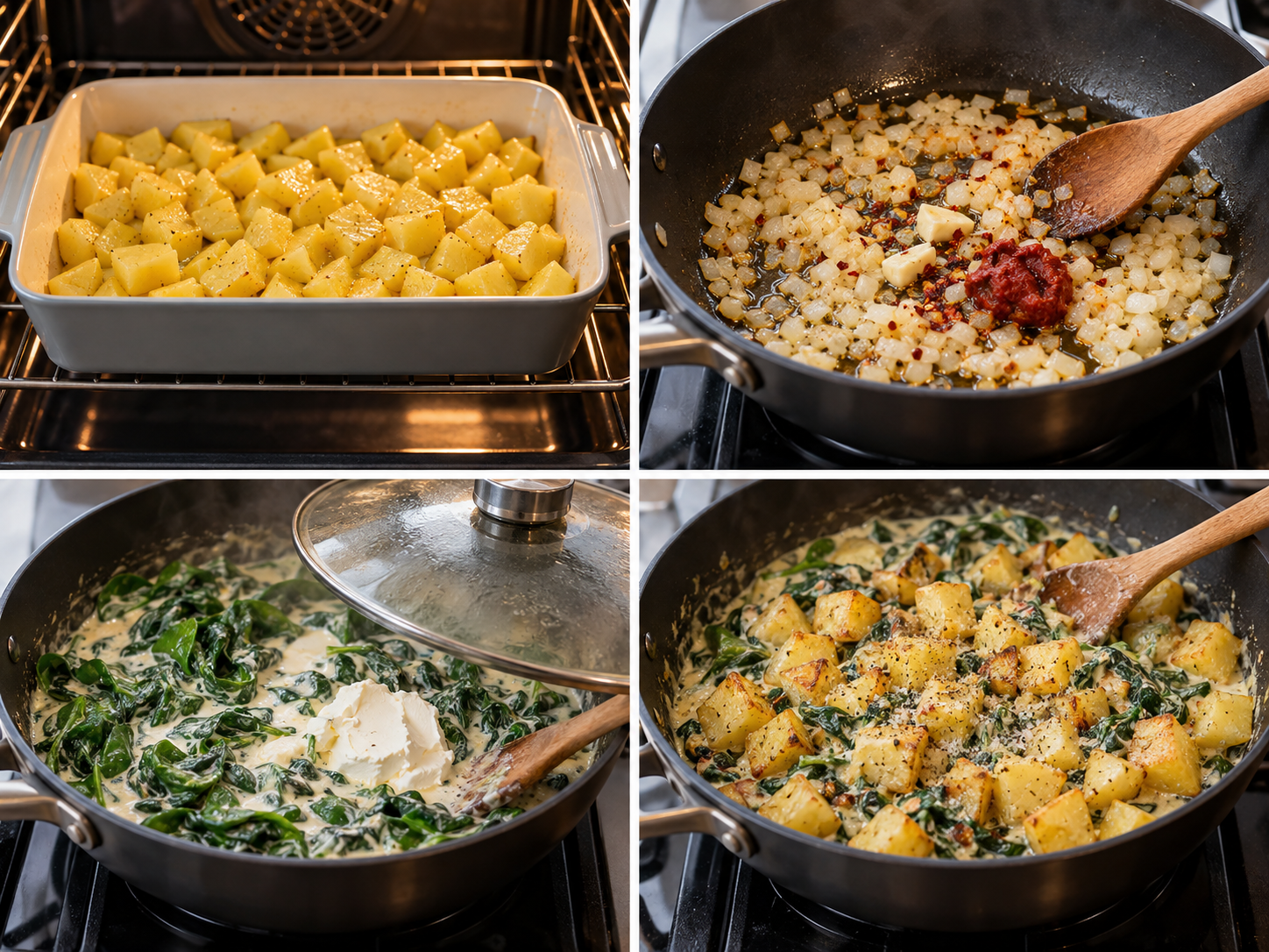 Vier Zubereitungsschritte für Kartoffelpfanne mit Spinat und Frischkäse