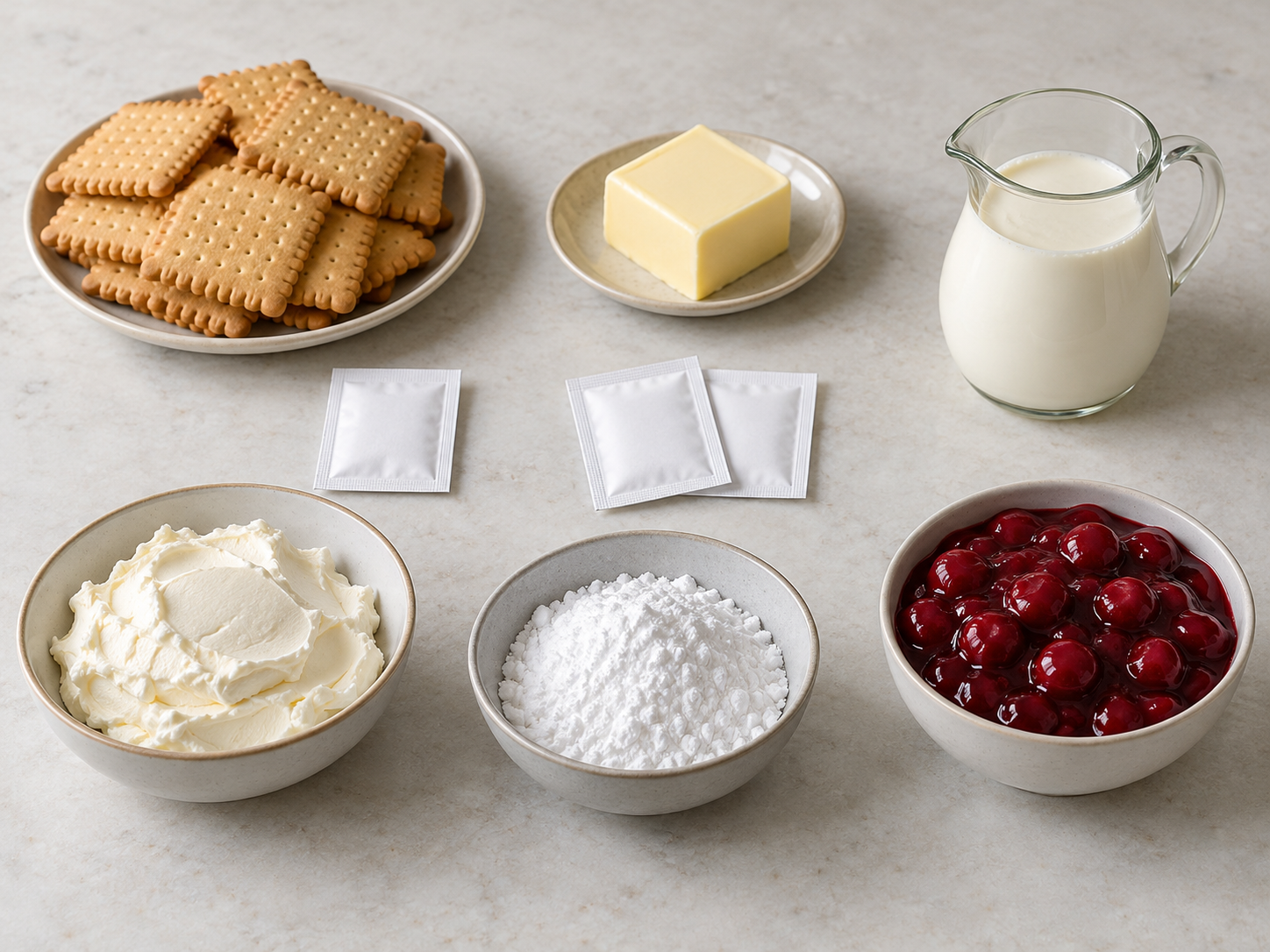 Zutaten für No-Bake-Käsekuchen mit Butterkeksen und Kirschgrütze
