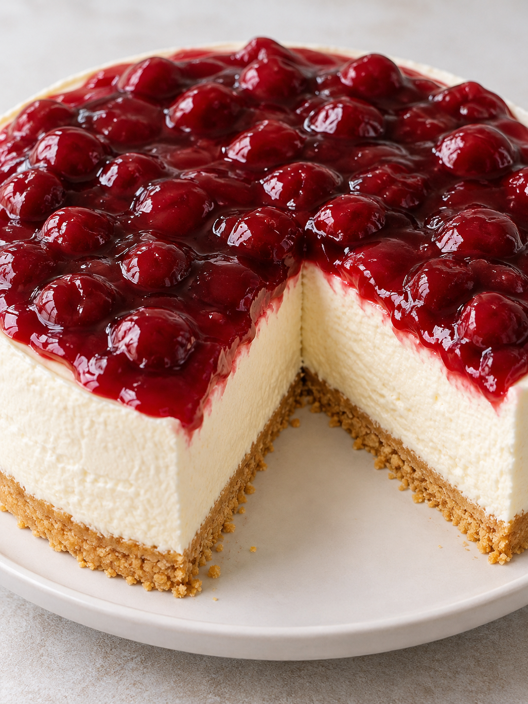 Cremiger No-Bake-Käsekuchen mit Keksboden und Kirschgrütze