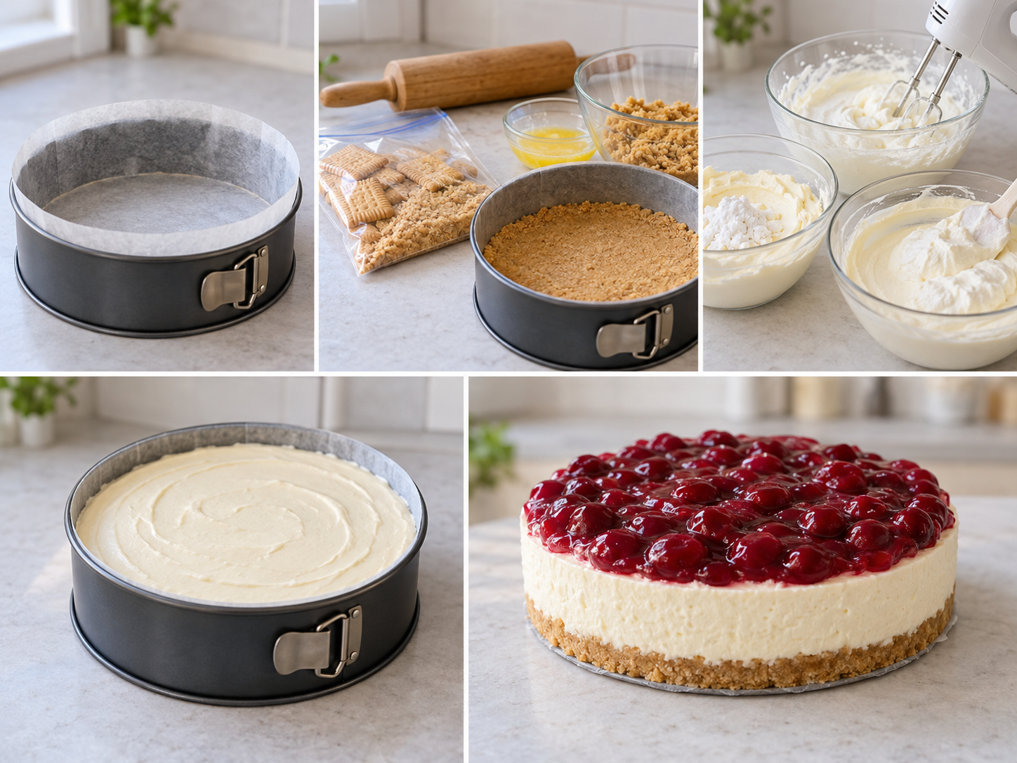 Fünf Schritte für No-Bake-Käsekuchen mit Keksboden