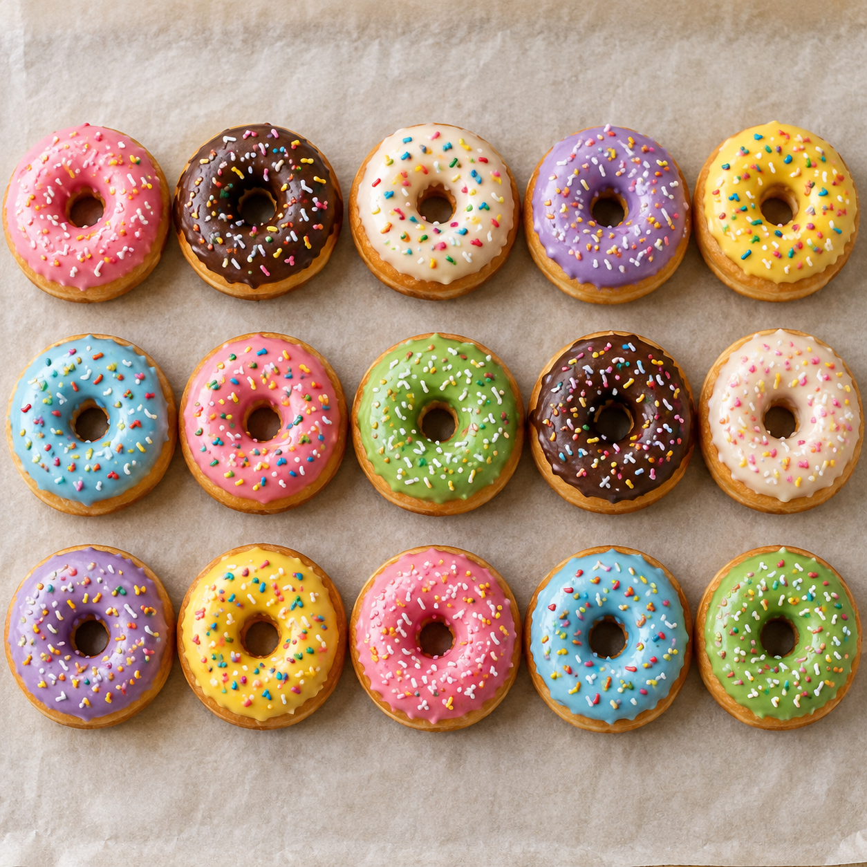 15 bunte selbstgemachte Donuts mit Glasur und Zuckerstreuseln