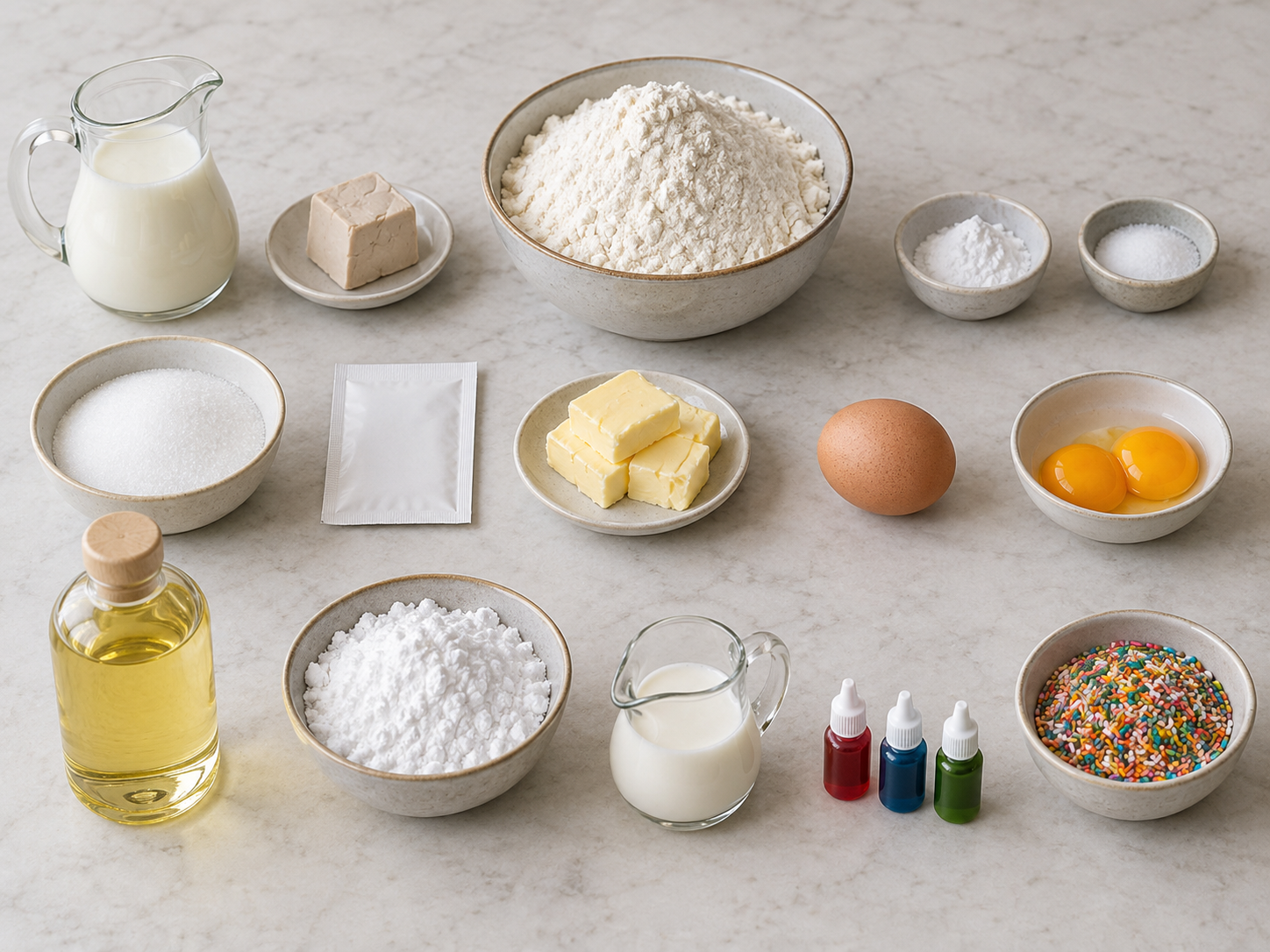 Zutaten für selbstgemachte Donuts mit Milch, Hefe, Mehl und Glasur