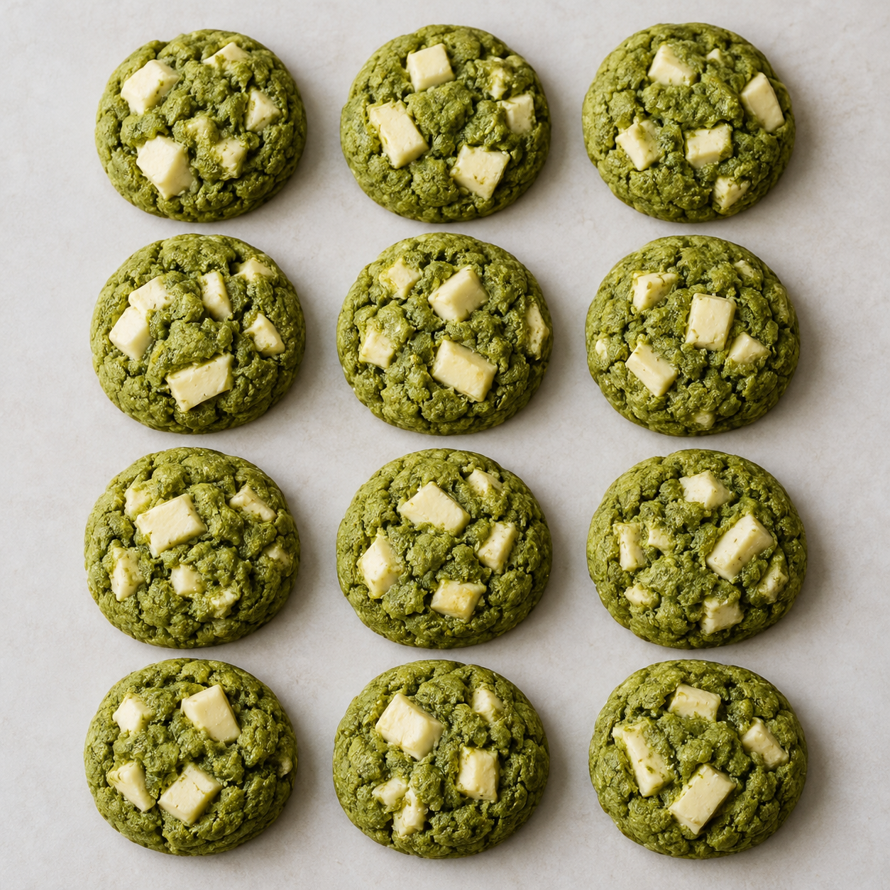 Zwölf grüne Matcha Cookies mit weißen Chocolate Chunks