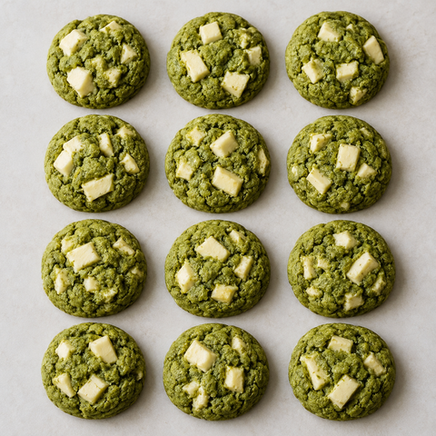 Zwölf grüne Matcha Cookies mit weißen Chocolate Chunks