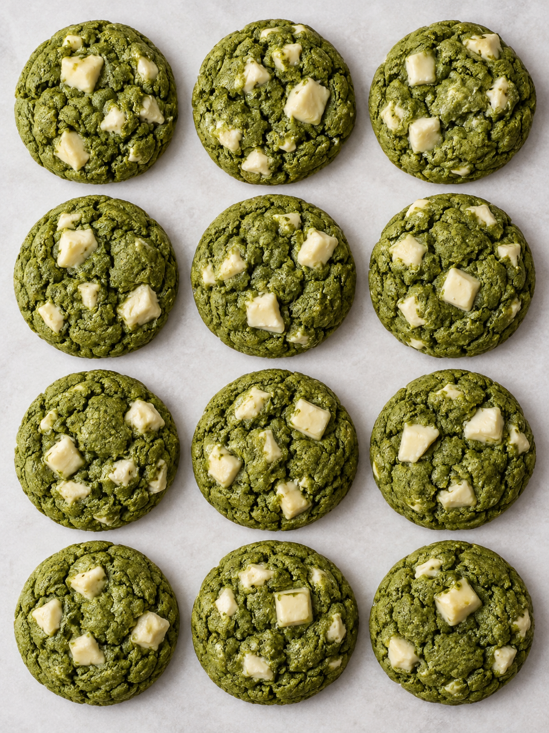 Zwölf grüne Matcha Cookies mit weißen Chocolate Chunks auf hellem Untergrund