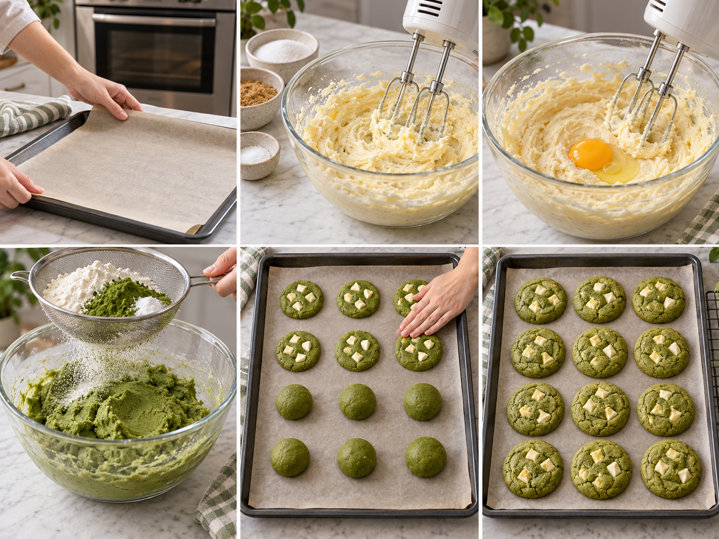 Sechs Arbeitsschritte für grüne Matcha Cookies