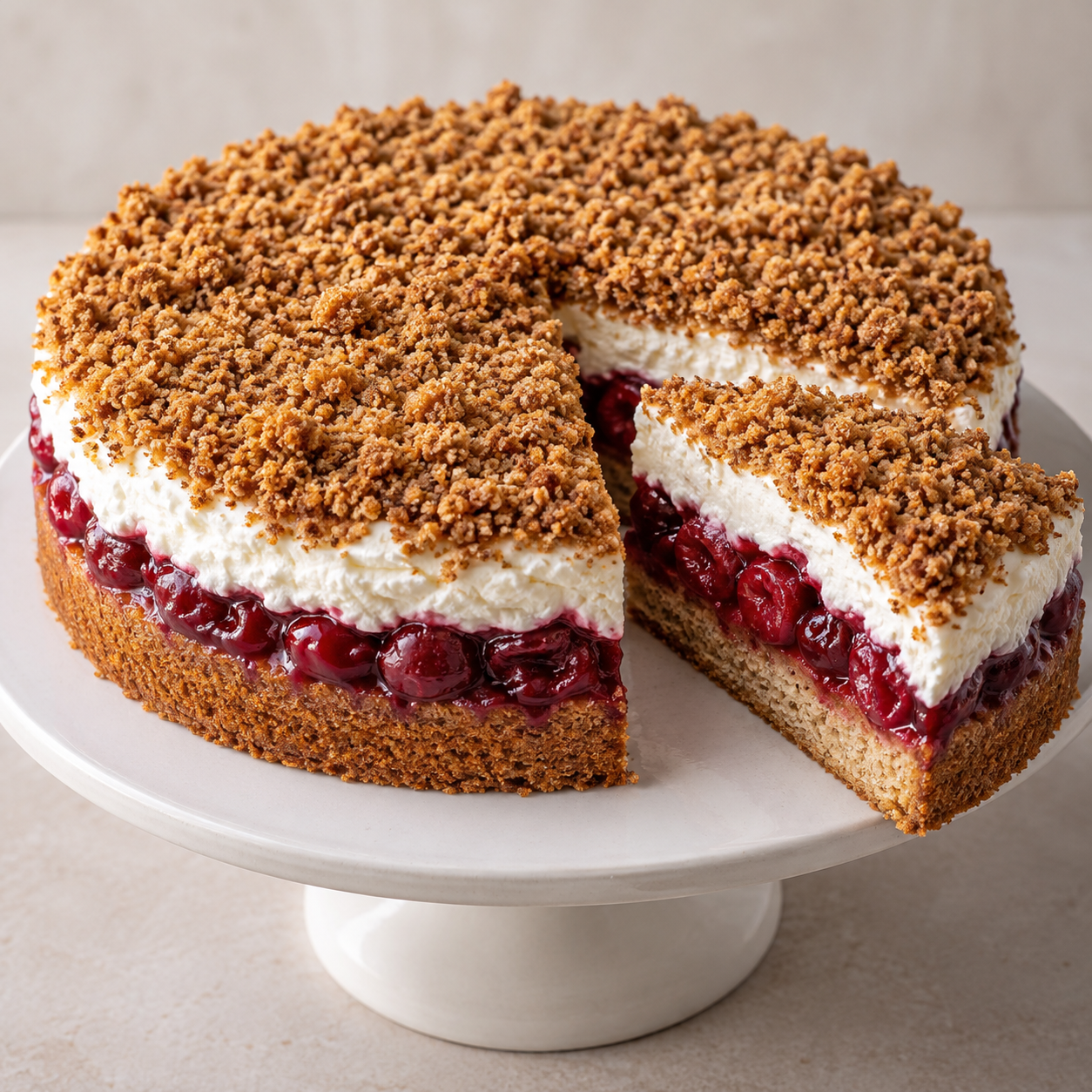 Weihnachtliche Kirsch-Torte mit Kirschschicht, Sahne und Spekulatiuskrümeln