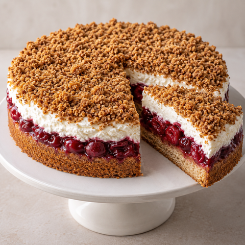 Weihnachtliche Kirsch-Torte mit Kirschschicht, Sahne und Spekulatiuskrümeln