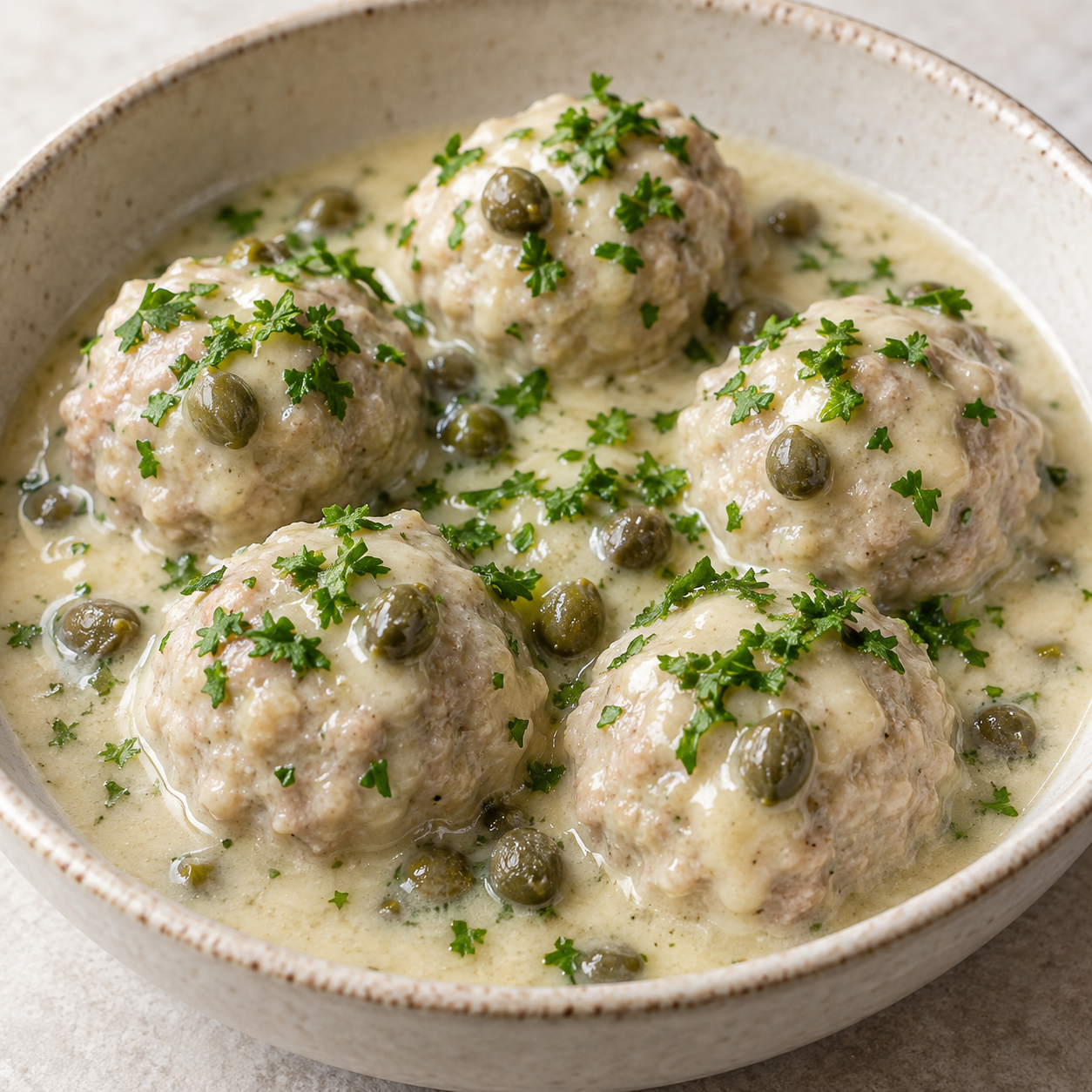 Königsberger Klopse in cremiger Kapernsauce mit Petersilie