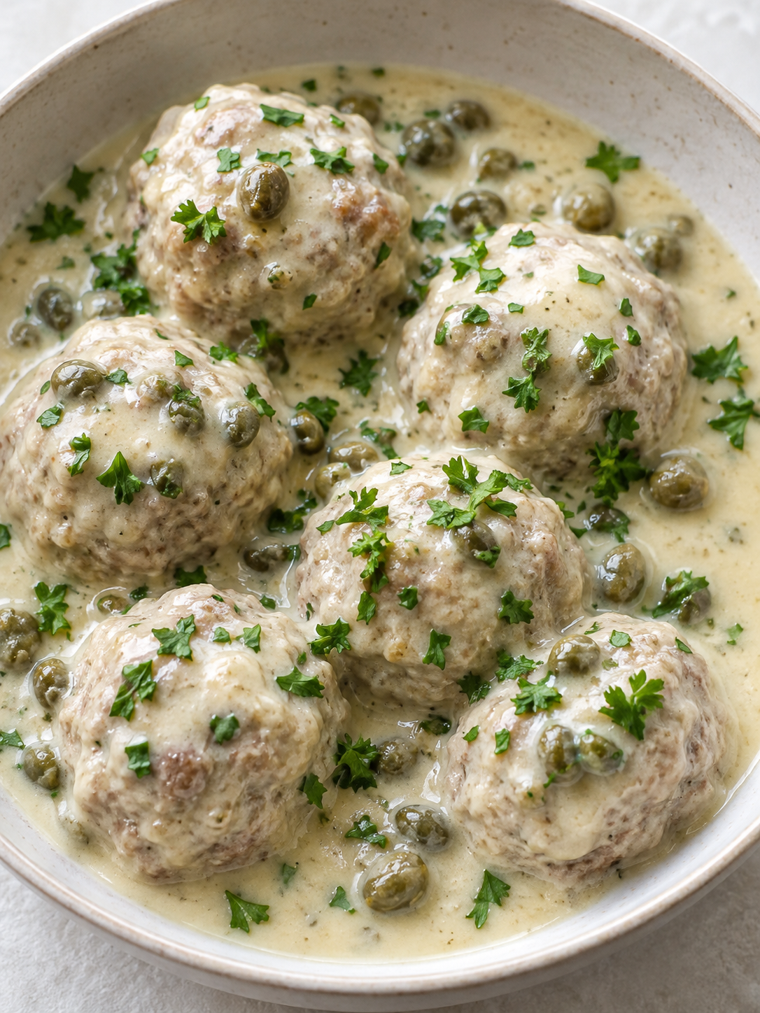 Königsberger Klopse mit cremiger Kapernsauce und Petersilie