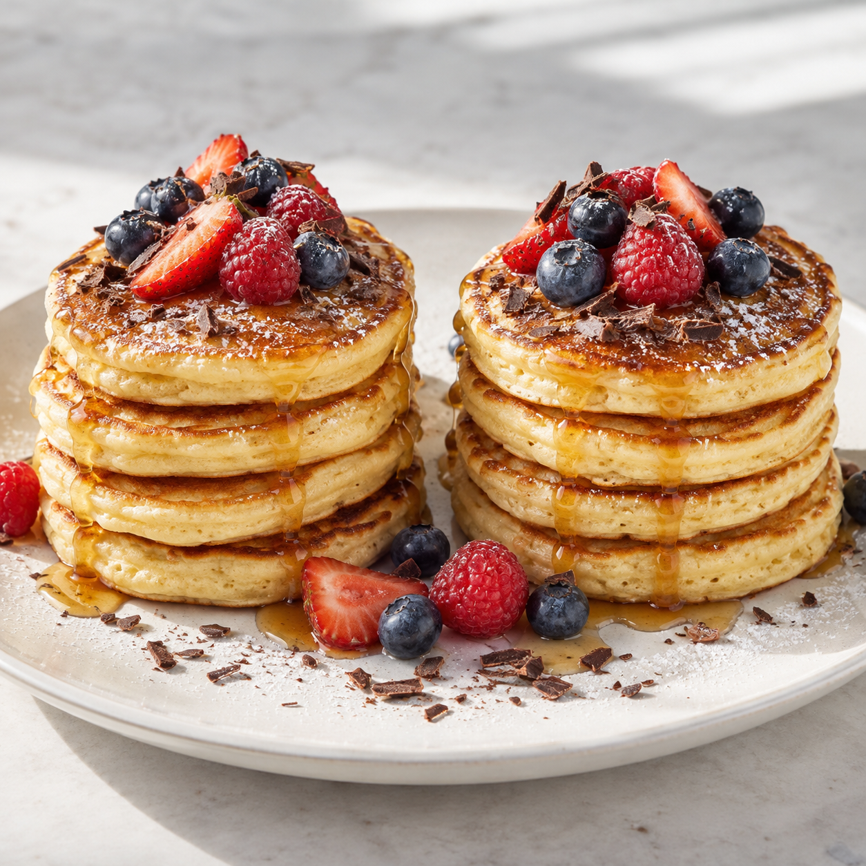 Zehn American Pancakes in zwei Stapeln mit Ahornsirup, Beeren, Schokoraspeln und Puderzucker