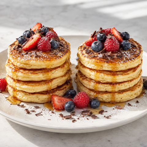 Zehn American Pancakes in zwei Stapeln mit Ahornsirup, Beeren, Schokoraspeln und Puderzucker